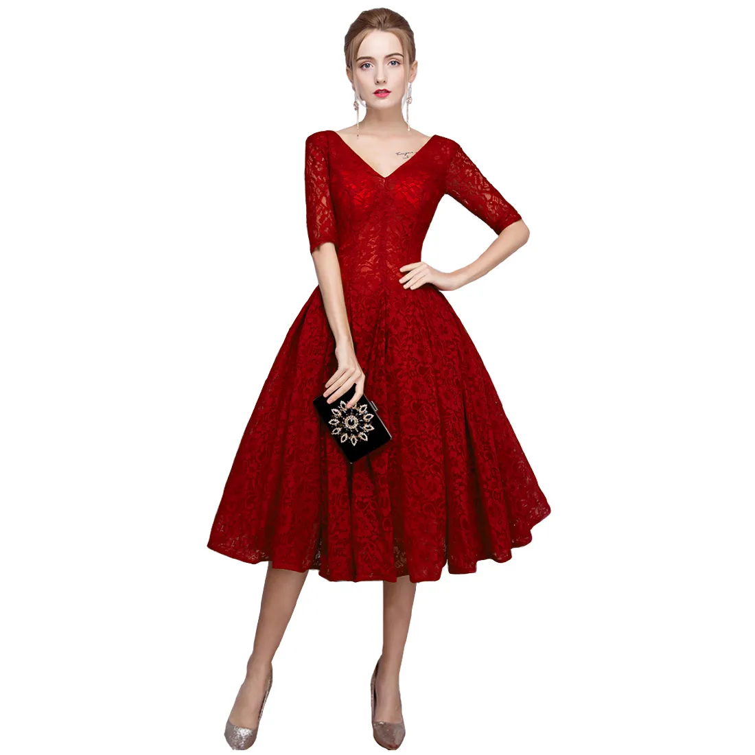 Dark Red Vintage Lace of Quinceanera Dress with V-Neck and Short Sleeves - Tea Length, Short Length - Perfect for Bridal, Bridesmaid, Party and