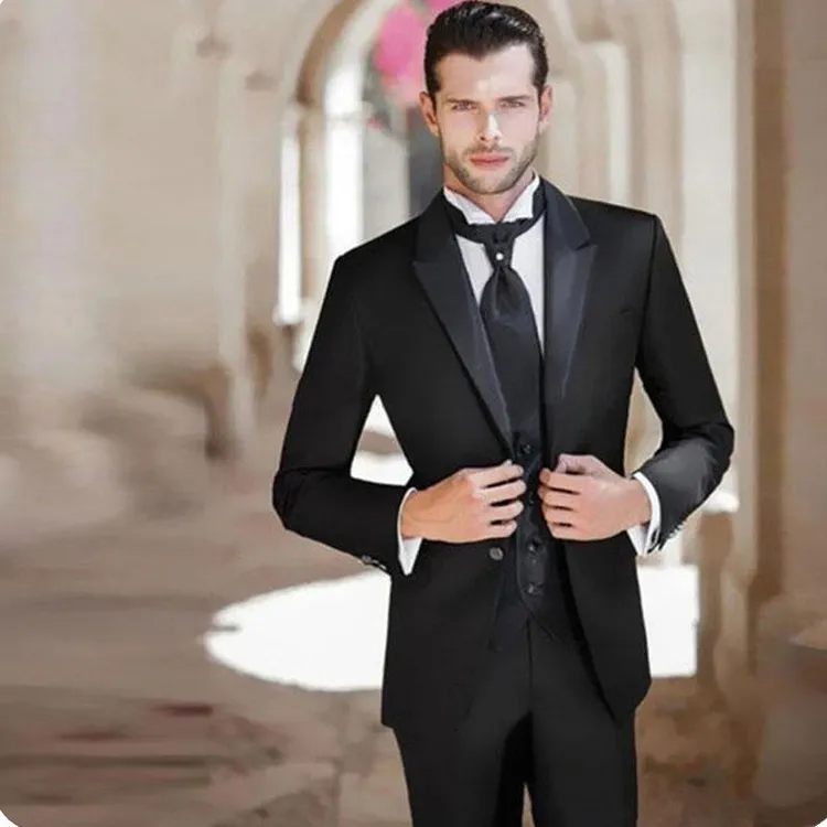 Black Slim Fit Mens Wedding Tuxedos Peaked Lapel Groom Wear Suits ...