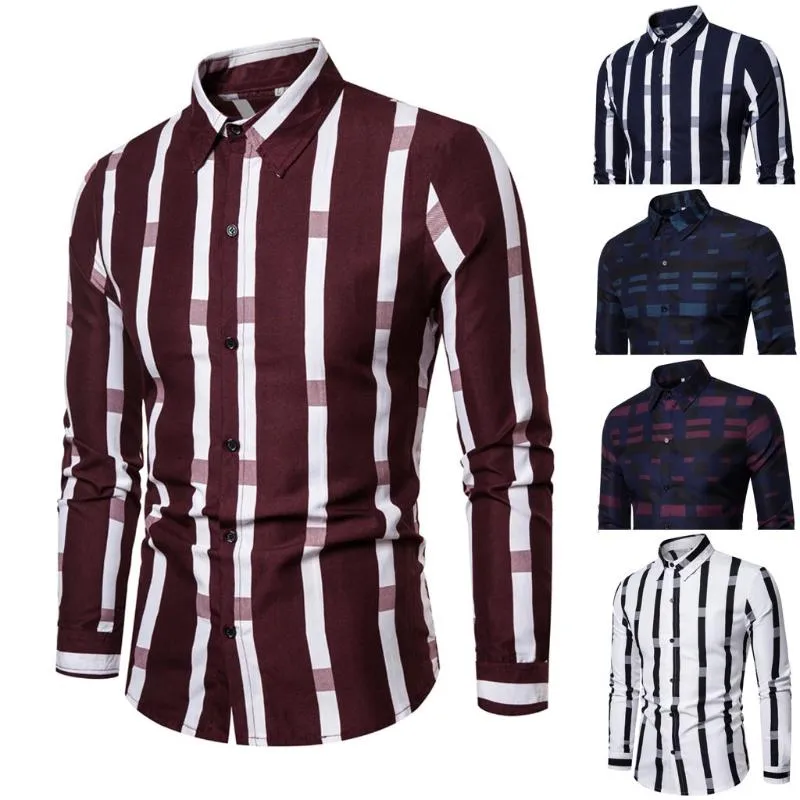 Hommes chemise épissage rayé affaires chemises loisirs rétro à manches longues petit haut col rabattu Blouse grande taille Camisas Hombre