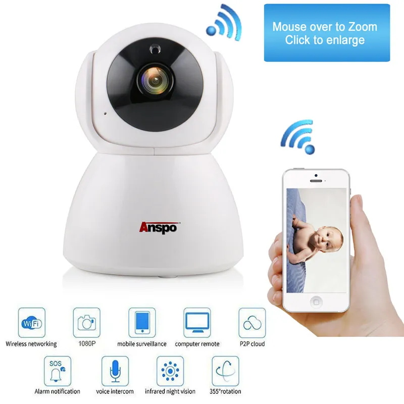 Anspo Wireless 1080p / 720p Pan Tilt Network Home CCTV IP Camera Network Surveillance IR Night Vision WiFi Webbkamera Inomhus Baby Monitor