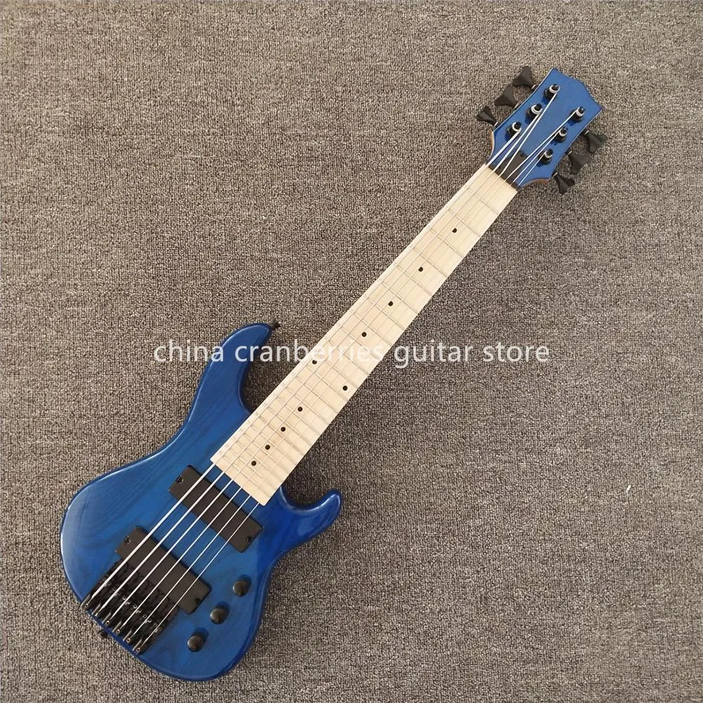 Custom 6 Strings Ash Wood Body Blue Protable Mini Electric Bass Guitar Short Scale Length 648mm, Maple Neck & Fingerboard, Black Hardware