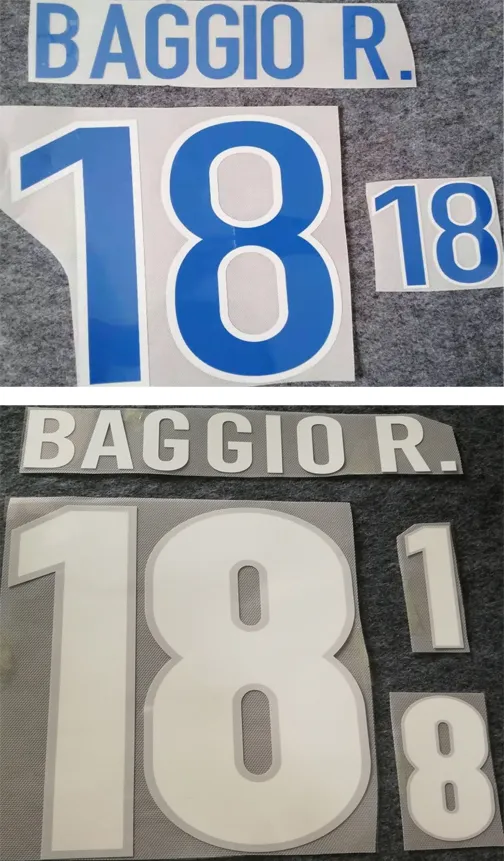 1998 druckt Italiens Fußball-Namensätze # 18 BAGGIO R. Italia, der Stempelaufkleber der Clubspieler, die mit Buchstaben bedruckt sind, beeindruckte alte Fußballabzeichen