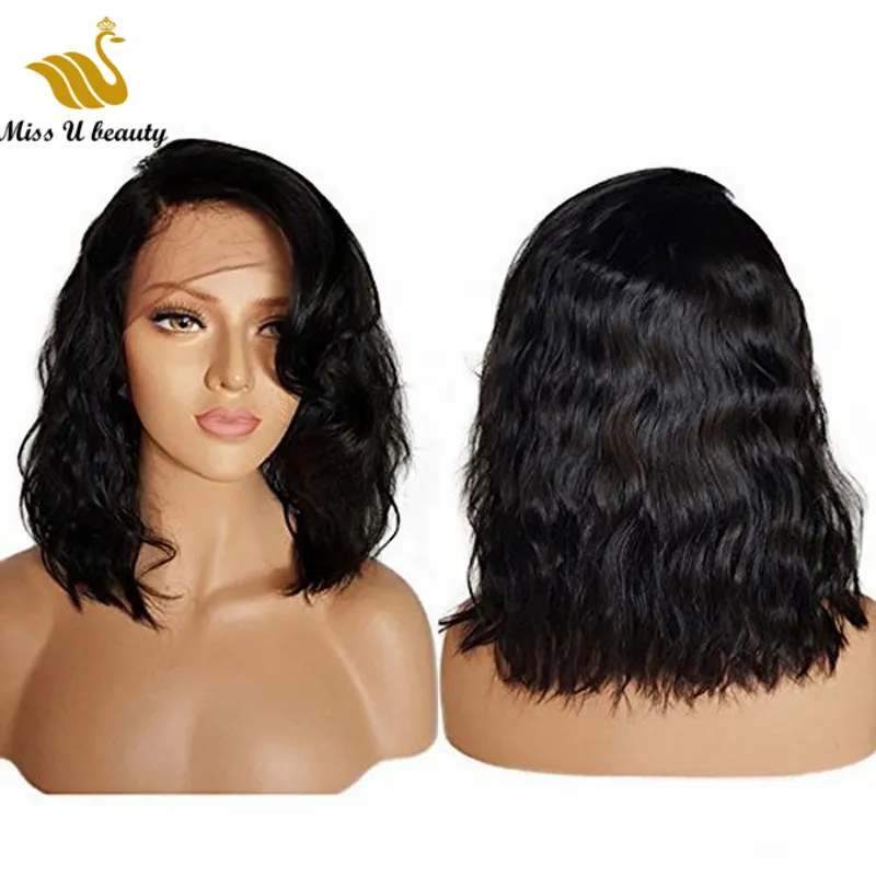 Loose Wavy Bob Human Hair Glueless Front Lace Wig Naturlig Svart Färg 10 12 14In Korta Pärlor 130% 150% Täthet