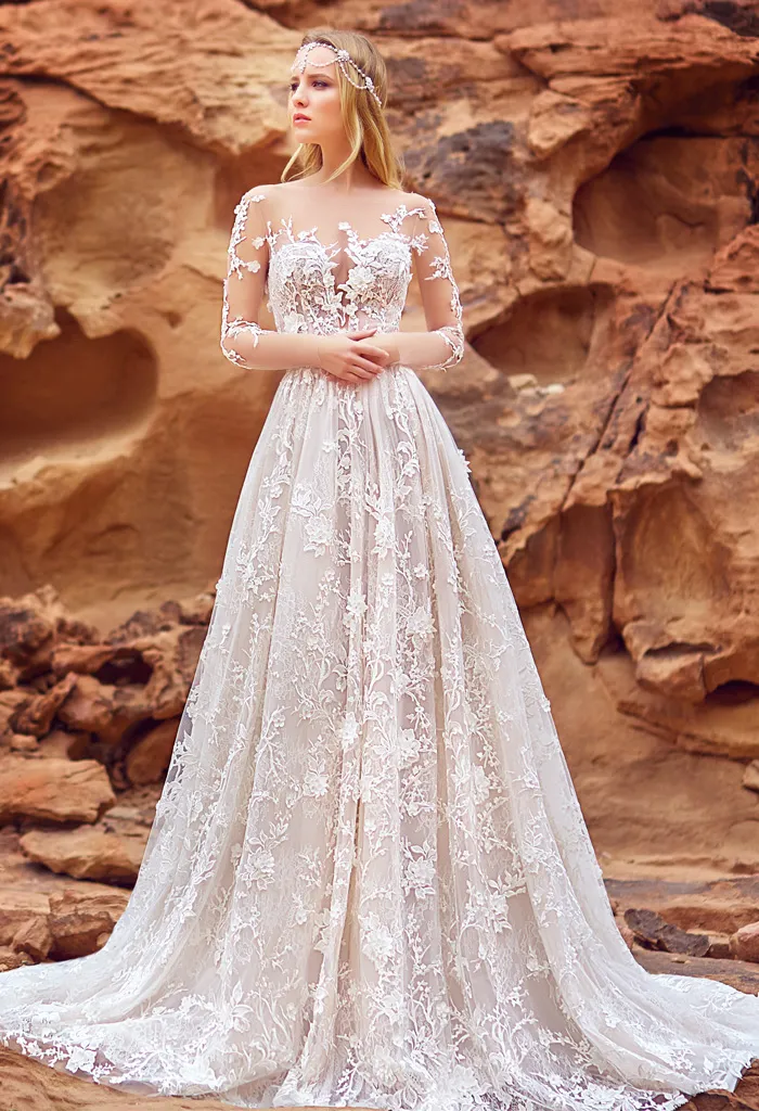 knee length dresses for ladies A-line Sheer Sleeve Wedding Gowns,Elegant Lace Applique Bridal Gown,WD