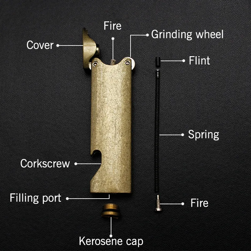 Flame Lighter multifunzione riutilizzabile antivento del cherosene mola Retro metallo leggero con cavatappi