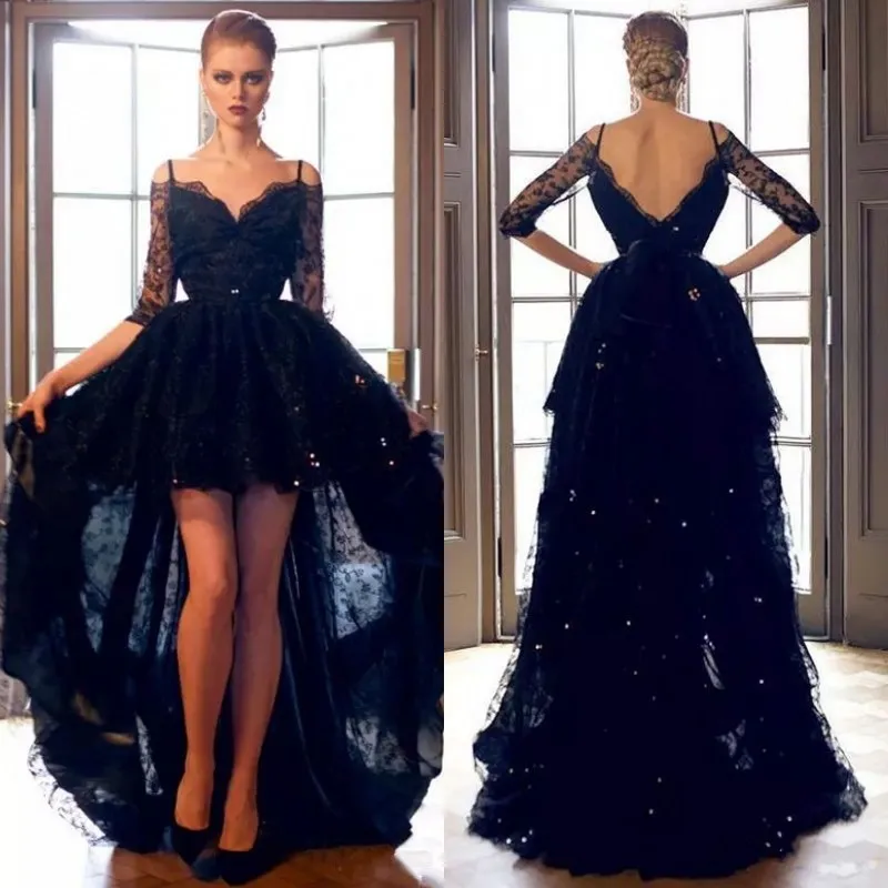 Sexy 2019 High Low Black Prom Dresses Off The Shoulder Neckline with Spaghetti Front Short Long Back Shiny Beaded Lace vestidos de fiesta