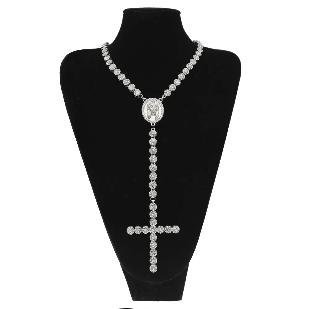 2019 Ny guldpläterad kubisk zirkoniummästare Jesus Round Portrait Cross Tennis Chain Necklace Rosary Designer Luxury Hip Hop Jewelry F244M