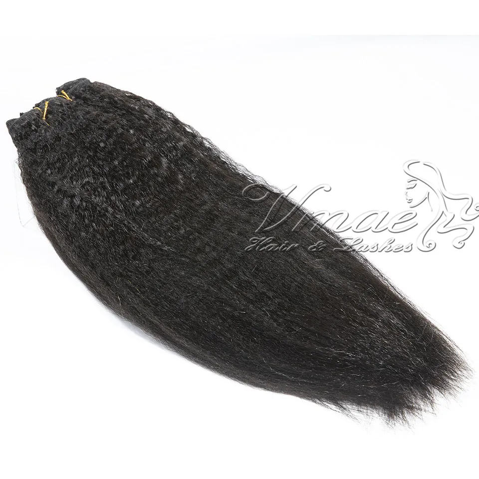 Extensions de cheveux humains brésiliens vierges crépus lisses de couleur naturelle VMAE avec clips pour femme noire 100g 120g 140g faible MOQ