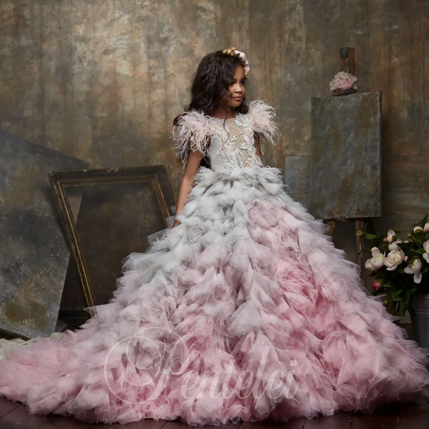 Beaded Ombre Feather Ball Gown Communion Dress With Train With Bateau Neckline And Tulle Tiered Skirt For Wedding Pageant Prom And Special Occasions From Weddingteam 121.74 DHgate.Com