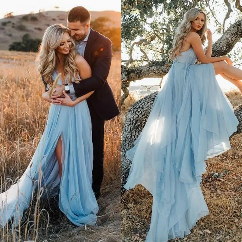 Sexy noivado vestidos de festa para mulheres espaguete cinta sem encosto de alta fenda de linha de trem céu azul tule boho vestido de noite