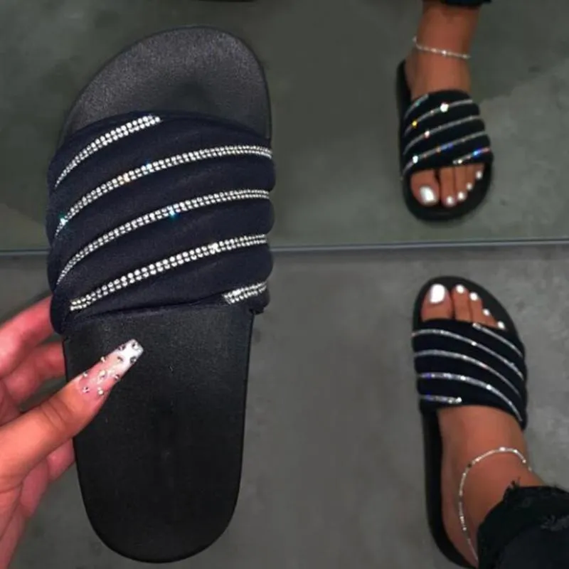 Zapatos de playa de ocio, cómodos zapatos planos de verano para mujer, chanclas de playa con lentejuelas, zapatillas planas de estilo cristalino para mujer, calzado #0702