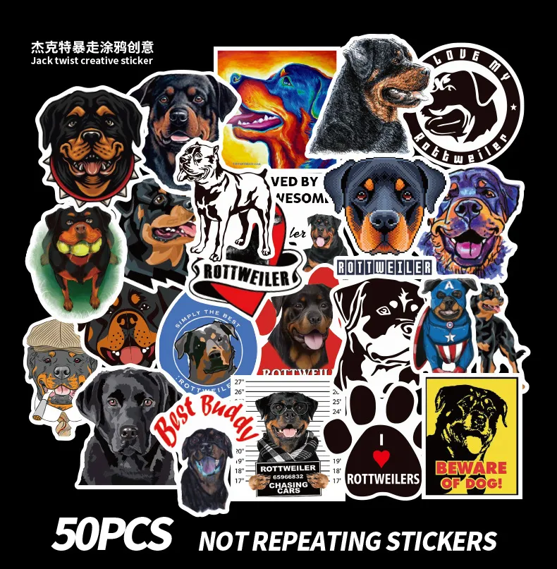 50 pcs Mixed Car Stickers Rottweiler Dog Pets For Skateboard Laptop Helmet Stickers Pad Bicycle Bike PS4 Notebook Fridge Guitar Pvc Decal