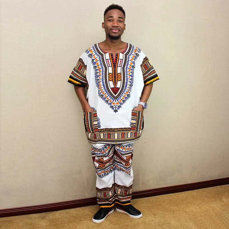 Abito Nigeria Camicia Pantalone Bianco verde Due colori Dashiki unisex in cotone casual Abbigliamento africano