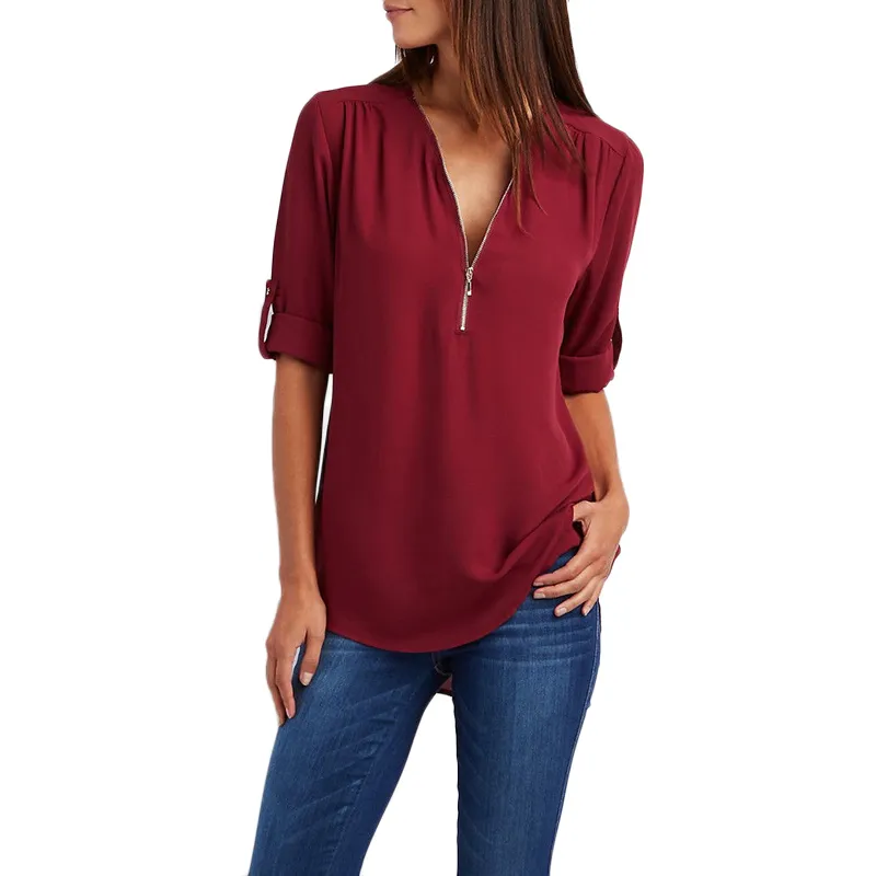 2019 Nieuwe Mode Vrouwen T-shirts Sexy V-hals Rits Casual Tee Shirts Tops Blouses Top Tee Plus Size 5XL