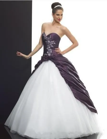 purple and white wedding dress