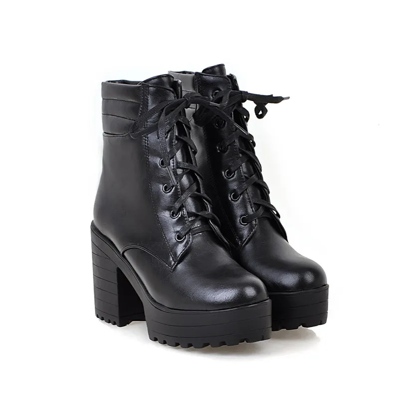 Gorąca Sprzedaż-Ymechic Punk Platform Lace Up Heel Block Buty Białe Czarne Chunky Obcasy Panie Plus Rozmiar Jesienne Buty Goth Motocykl Boot