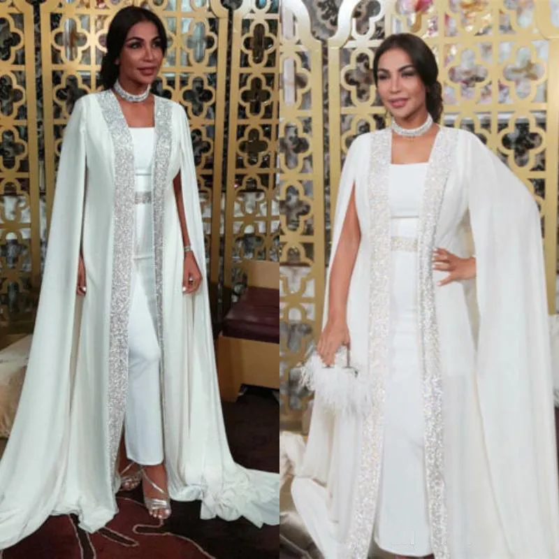 Dubai Moslim Avondjurken Witte pailletten Marokkaanse Kaftan Chiffon Cape Prom Speciale gelegenheid jurken Arabische lange mouwen jurk avondkleding