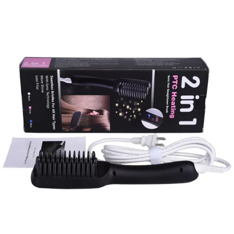Ionic Hair Straightener Brush 2 in 1 Pro Electric PTC Heating Straightening Comb