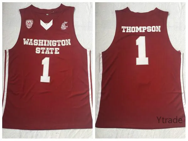 톰슨 빈티지 NCAA Klay Washington State Cougars Jerseys Mens Red No.1 톰슨 대학 농구 유니폼 셔츠 S-2XL 스티치