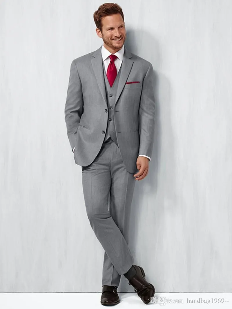 Şık İki Düğmeler Açık Gri Damat smokin Notch Yaka Groomsmen Sağdıç Blazer Erkek Düğün Suit (Ceket + Pantolon + Vest + Tie) H: 726