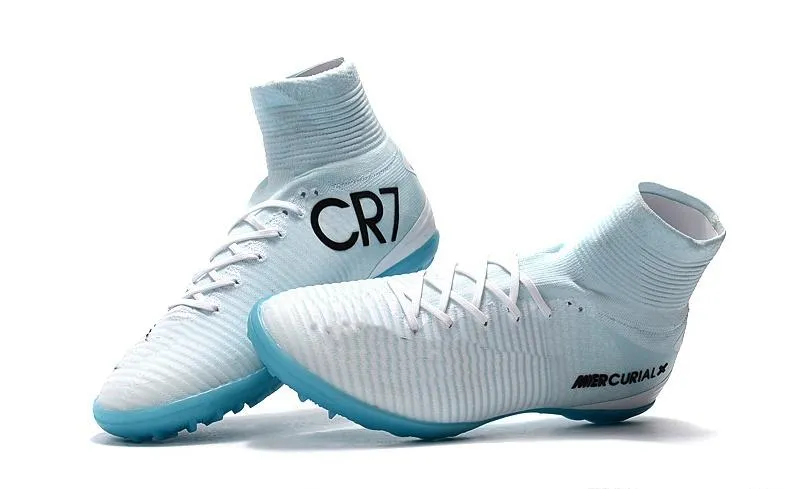 Bianco Blu CR7 per bambini da calcetto scarpe Mercurial Superfly TF Womens morsetti di calcio di alta caviglia superiore dei bambini Scarpe da calcio