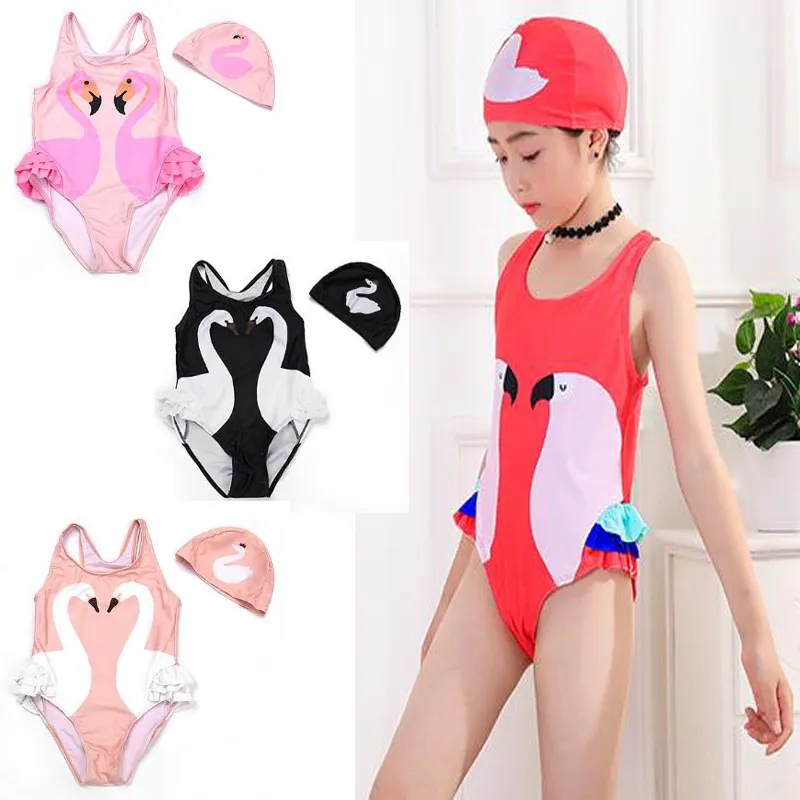 One-Pieces Kids Swimwear Romper Jumpsuit Girls Swimsuit Hat Baby Flamingo Swan Fashion Princess 1 piece Children Bikini beach wear Clothes free Cap 1-12Y YY014