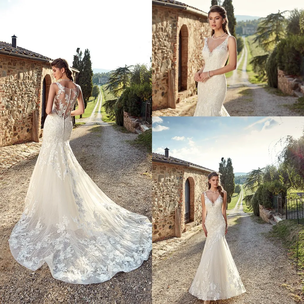 Kleider Neue Meerjungfrau V-ausschnitt Spitze Applique Illusion Button Zurück Sweep Zug Hochzeit Brautkleider Vestidos De Noiva estidos