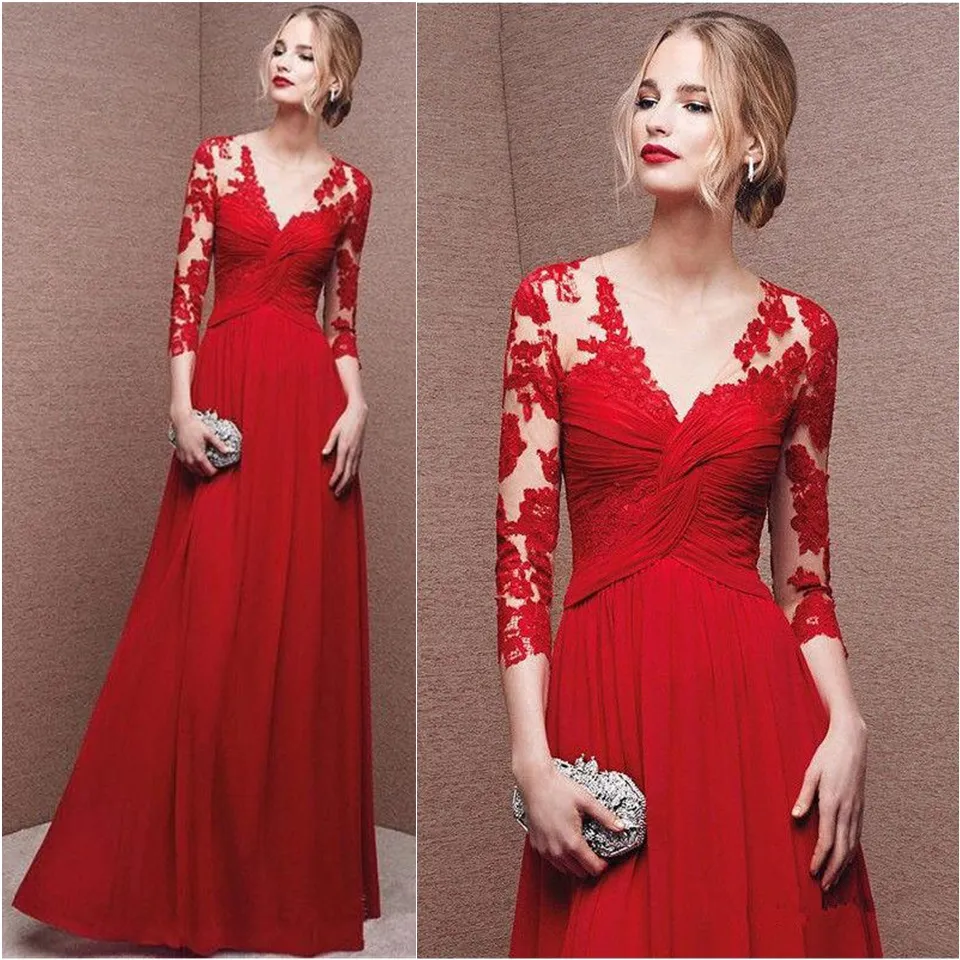 Długie rękaw Party Prom Dresses Sexy V Neck Zipper Red SHIFFONE SEX High Split Aplikacje Długie Suknie Wieczorowe ED1218