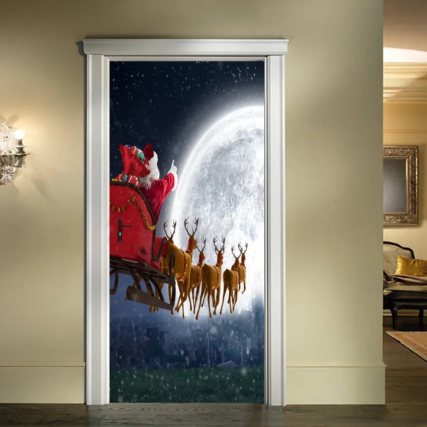 3D dreidimensionaler Weihnachtsmann fährt die Tür fest, kann das Wasser bewegen, Wandaufkleber, Schlafzimmer, Wohnzimmer, Diy-Tapete 017