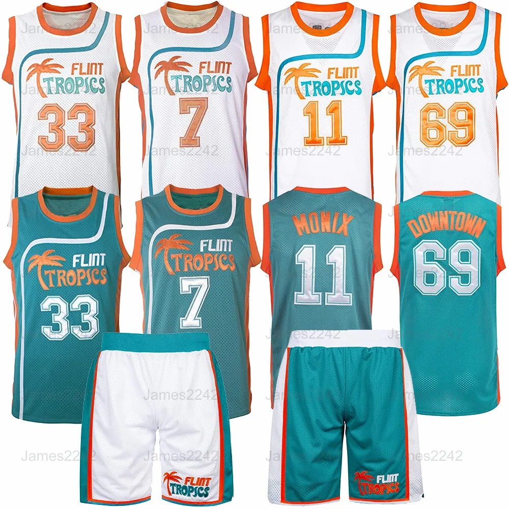 Jackie Moon # 33 Café Noir # 7 Downtown Malone # 69 Monix # 11 Flint Tropics Semi Pro Film Jersey Shorts Set Hommes Cousu