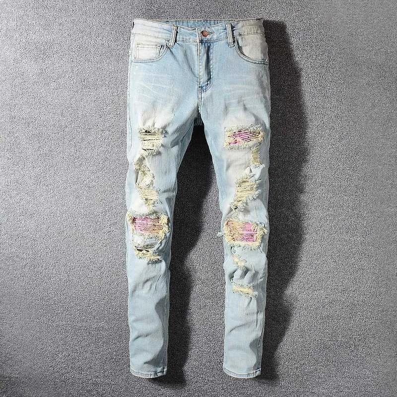 Moda Streetwear Hombres Vaqueros retro azul claro lavado Slim Fit el stico jeans rotos Hombres remiendo pantalones destruidos Hip Hop