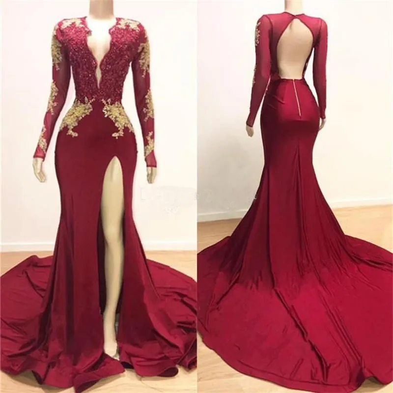 Vestidos de fiesta de sirena roja Cuello en V profundo Vestidos de noche con apliques de encaje de manga larga transparente Vestidos de cóctel con cuentas y abertura alta Vestidos