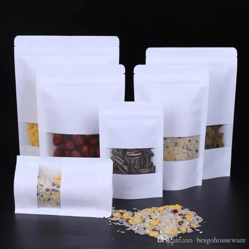 White Kraft Paper Mylar Self-Styled Doypack Bags With Clear Window Food Tea Snack Package Storage Bag Stand Up Packaging Zip BH2194 CY