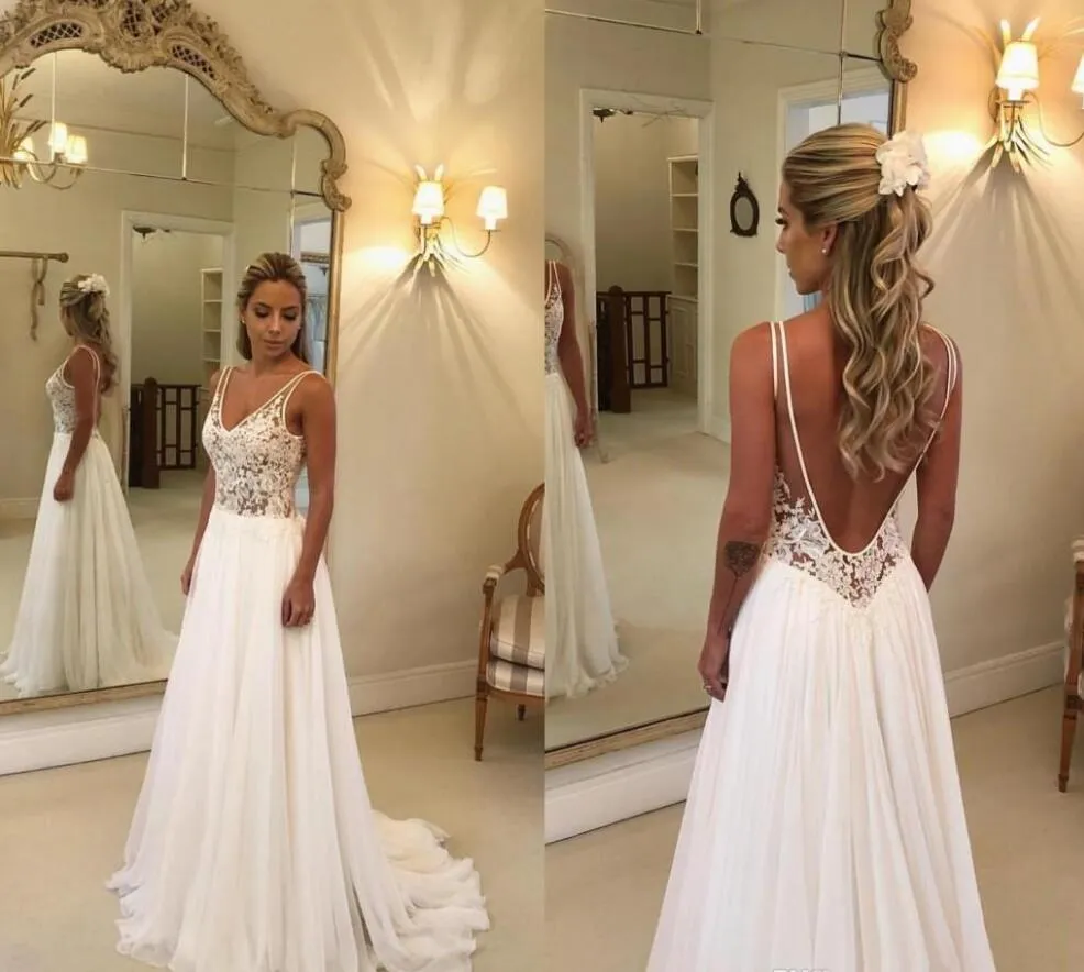 2020 Cheap Beach Wedding Dresses Lace Appliqued V Neck A Line Sexy Backless Boho Wedding Dress Sweep Train Custom Garden Bridal Gowns