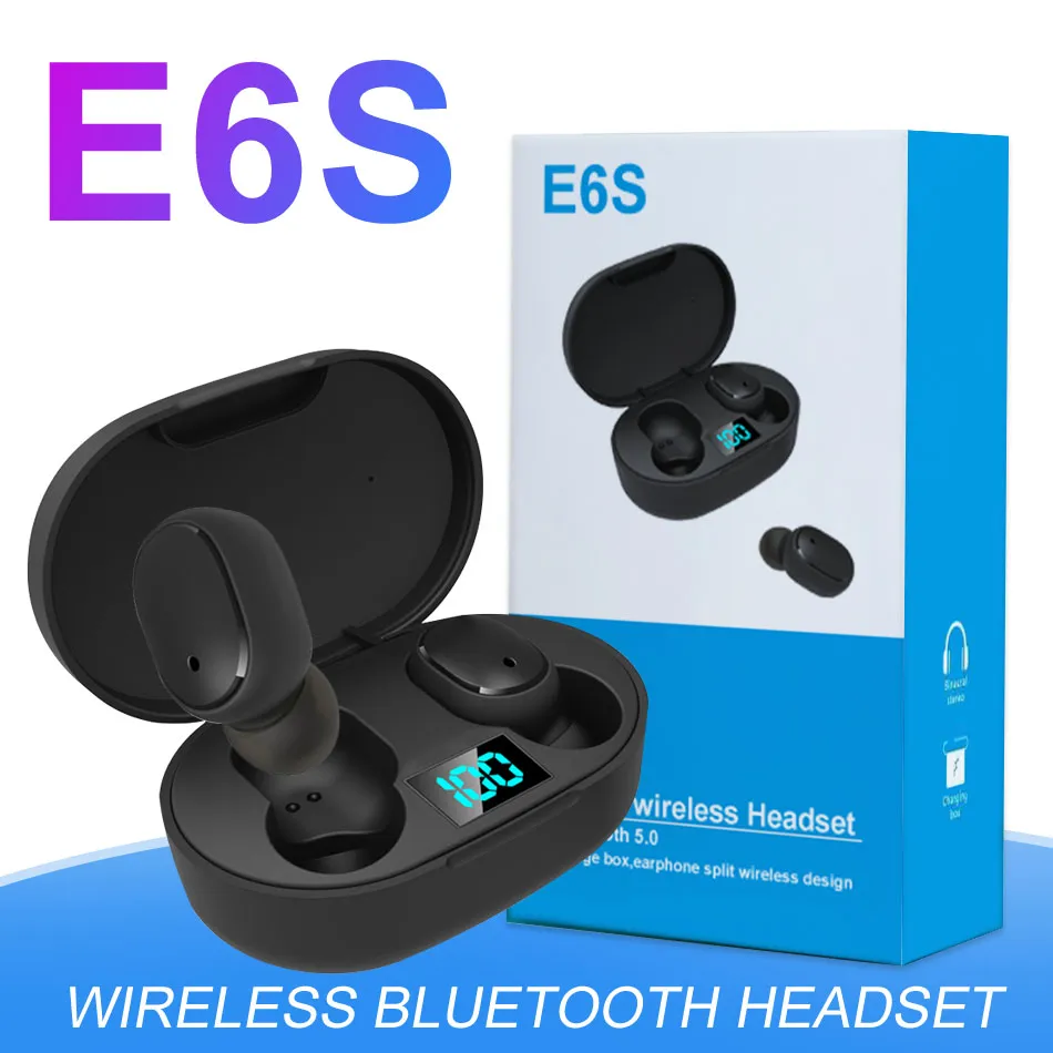 Mini E6S Bluetooth 5.1 Écouteurs pour appareils iPhone Android Écouteurs intra-auriculaires stéréo sans fil avec boîtier de chargement numérique LED dans un emballage de vente au détail