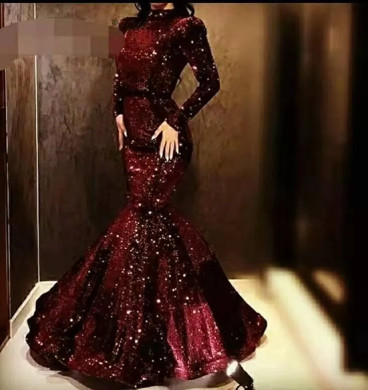 2020 Classic Evening Wear Long Sleeves Sequined Prom Dress Long Pleats Cheap African Party Gowns Vestidos