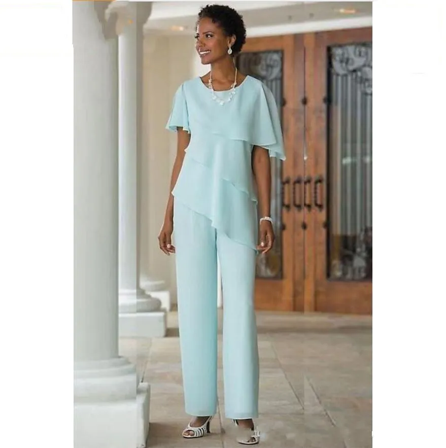 Custom Made Mother Of The Bride Dresses Pants Suits Wedding Guest Dress  Modern Chiffon Short Sleeve Tiered Mother Of Bride Pant Su230L From Kokig,  $99.5