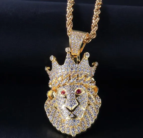 Hip hop nova coroa de cabeça de leão pingente de diamante de água coroa de leão banhado a ouro homens e mulheres tendência jóias