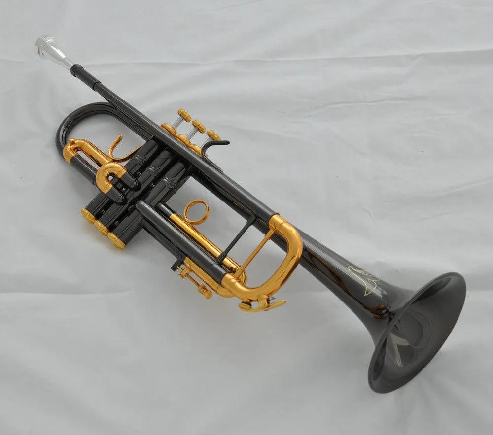 Markenlose B-Trompete, hochwertiges Messing, schwarz vernickelt, vergoldetes B-Musikinstrument, neu eingetroffenes Trompetenhorn mit Etui-Mundstück