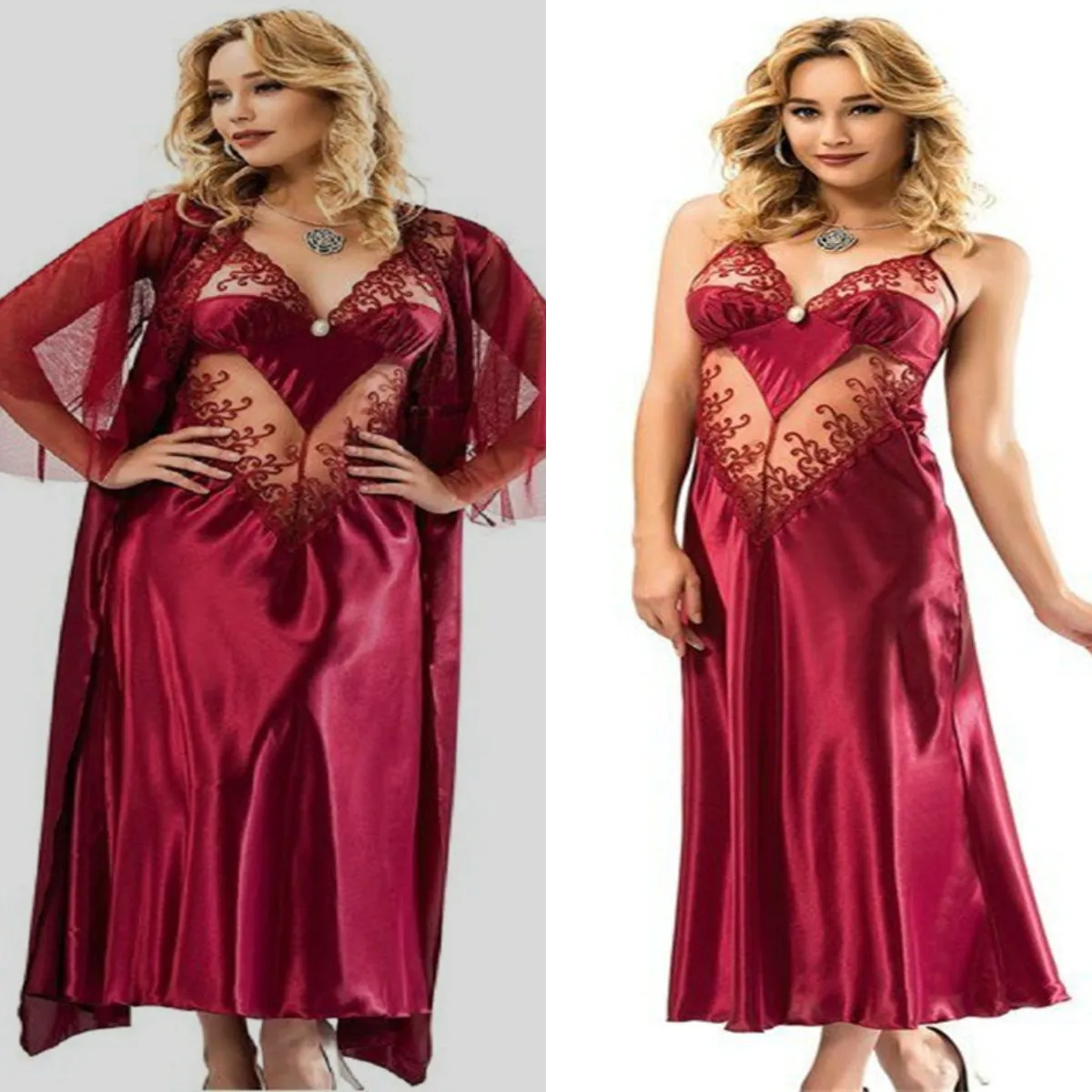 Red Two Piece Wedding Robes Spaghetti Strap Sleeveless Appliqued Lace Bridesmaid Robe Satin Silk Ruched See Through Night Gown For Women