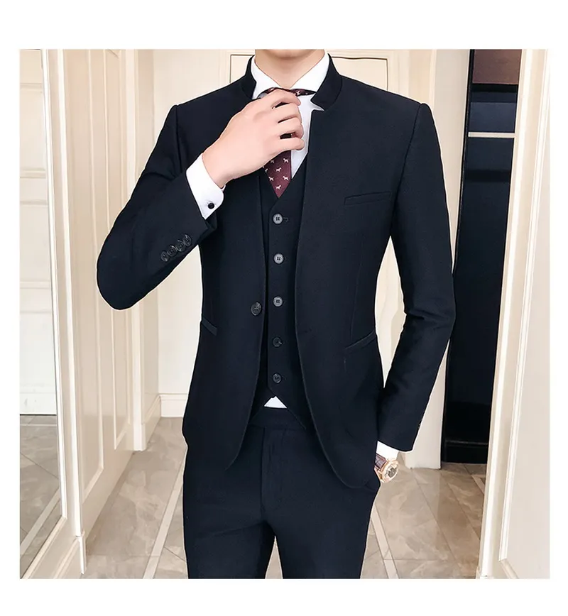 Abito da uomo con colletto alla coreana Slim Fit Solid Blackstand Colllar Design Smoking Homme Mariage Abito da uomo Smoking da lavoro Groom Men Suit
