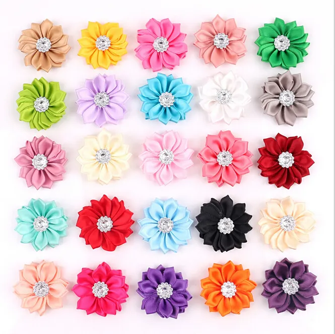 OHNE Clip Stoff Satin Blume mit Strass für Kinder Mädchen Stirnbänder Applikationen Bekleidungszubehör Mix Großhandel 50 Stück/Set