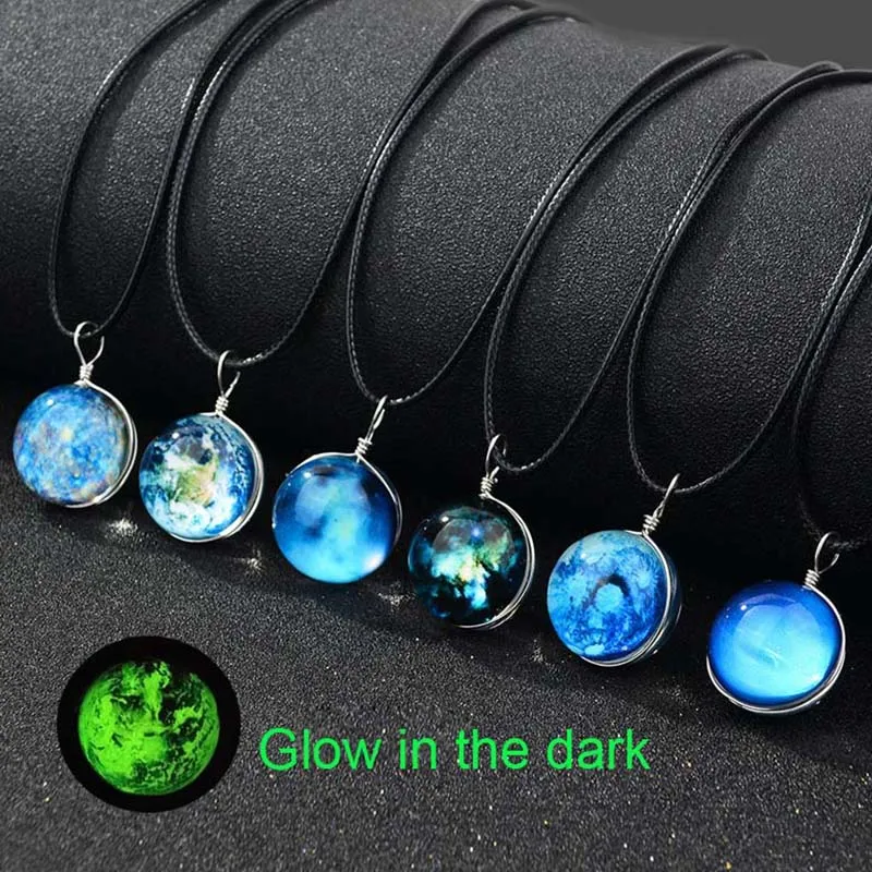 Lankbare gloed in de Dark Galaxy Universe ketting Star Moon Glass Cabochon Kettingen Hangers Fashion Hip Hop Jewelry Drop Ship