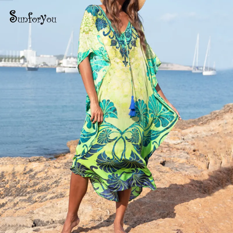 Coton longue Robe de plage Robe de Plage maillots de bain femmes couvertures tunique paréo plage couverture caftan Saida de Praia vêtements de plage