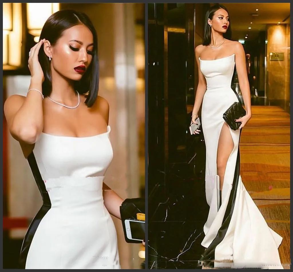 Custom White Satin Strapless Evening Gowns With Slits With High Slit And  Black Stripe Perfect For Prom And Parties From Dress1950s, $85.83