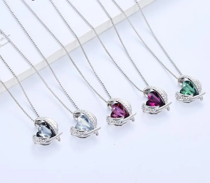 2020010971 18K White/Rose Gold Necklaces for Mother's Day Jewelry Gifts for Women Heart Pendants Embellished with Crystals Birthstone