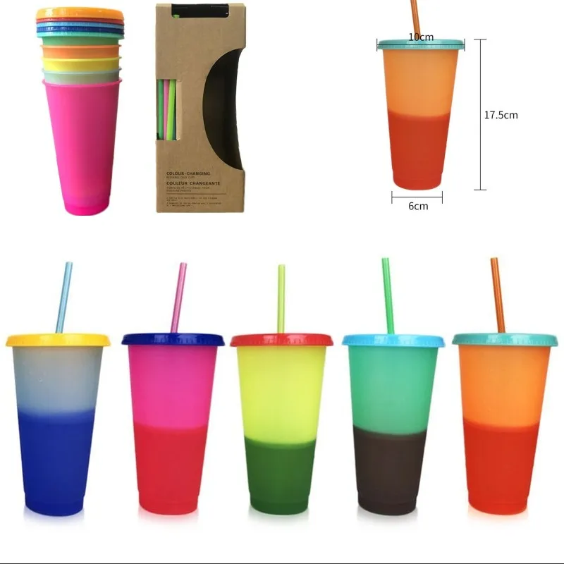 24 oz température couleur tasse magique tasse à café magique réutilisable gobelets en plastique avec couvercle et paille