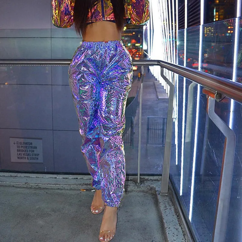 Gata flicka mode laser holografiska långa byxor hög midja lösa byxor höft pop casual elastiska midja byxor coola streetwear