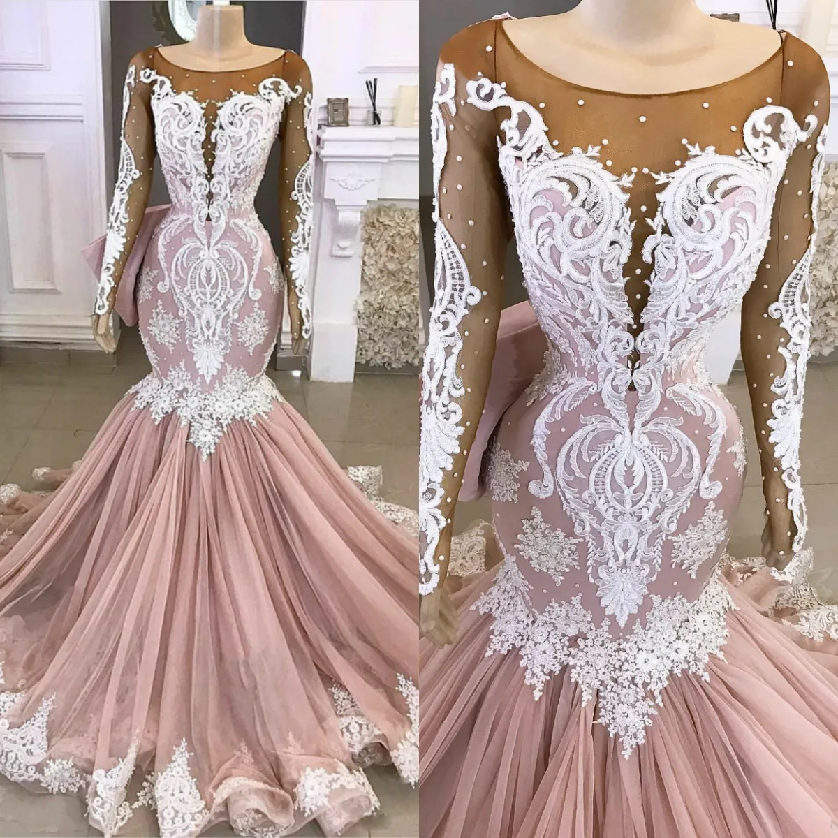 Ny ankomst vacker formell klänning juvel tulle spets sequins applique röd matta klänning sopa tåg kvällsklänning