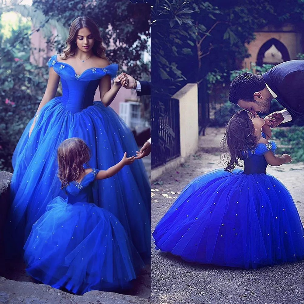 Cenicienta azul real vestidos de niña de la boda de tul hinchado con